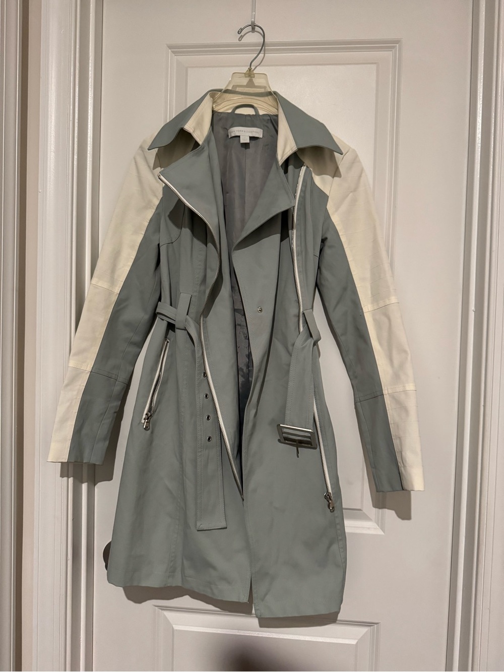 New York & Company Sage and Cream Trench Coat with Belt